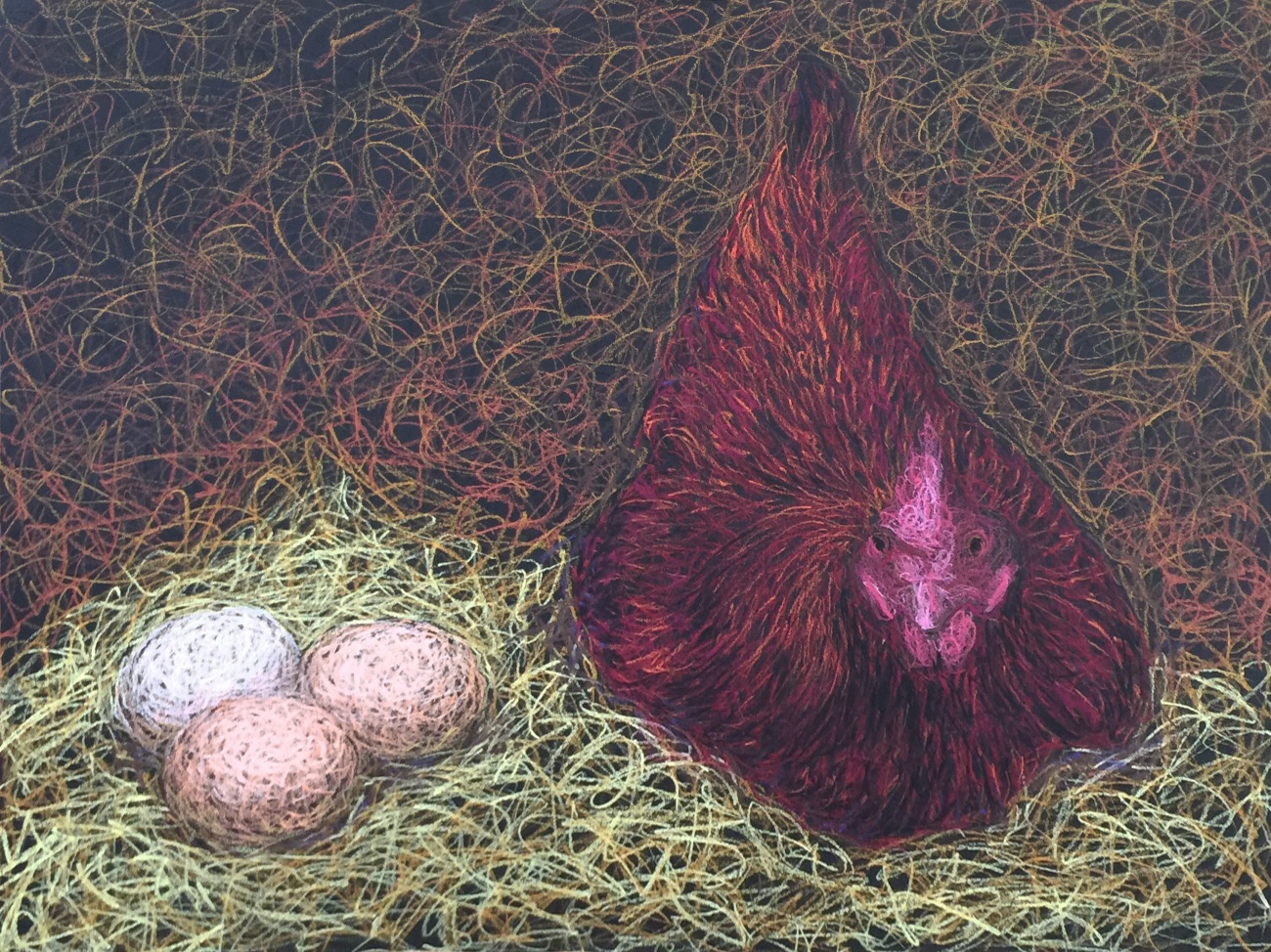 Hen and Eggs. 2018. Pastels on paper,...