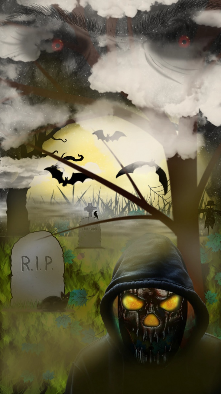 Spooky graveyard with masked man